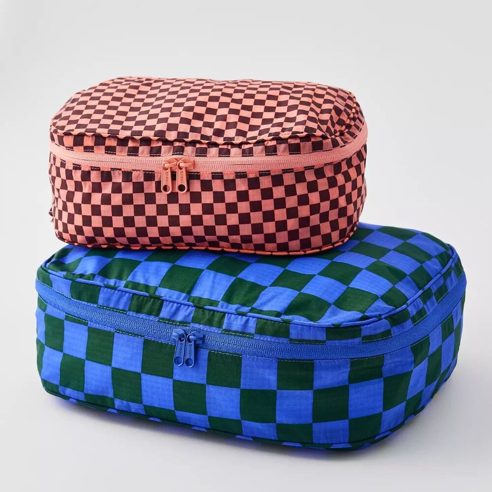 NWT Baggu Packing Cube Set - Jewel Checks (Pink Brown Check, Iris Green Check)